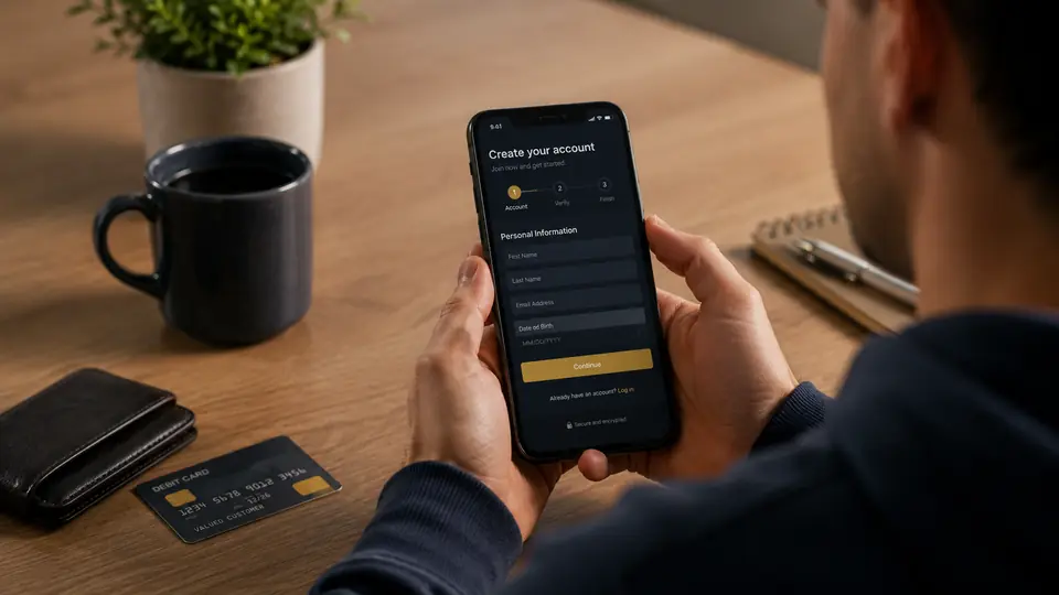 Person using a phone to create a sportsbook account at a desk