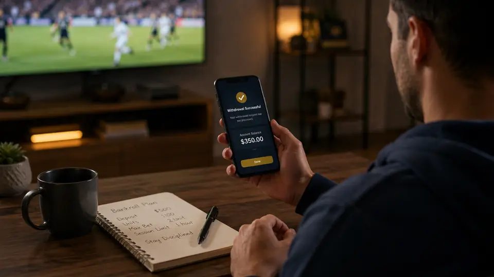Sports bettor viewing a successful withdrawal confirmation on a phone