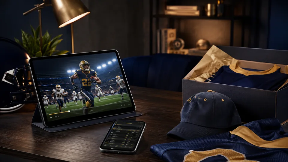 Tablet showing sports highlights beside a smartphone with betting odds, with sports merchandise nearby.