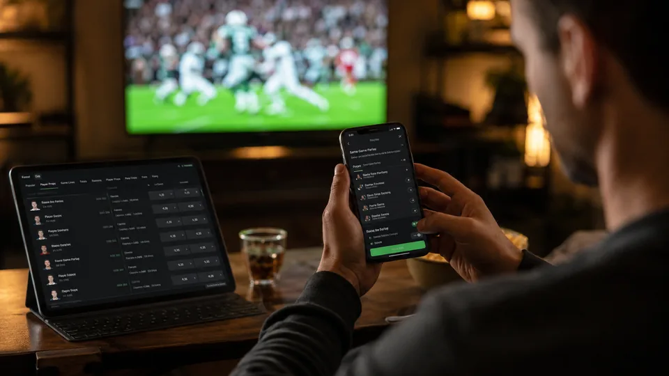Person building a same-game parlay on a smartphone while watching sports at home.
